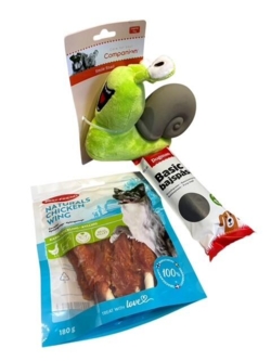 Hyggepakke til Hund - VÆRDI KR. 93,-  Best Friend Naturals Kyllingevinger, 1 stk. x 180 g + pivdyr + 50 stk. Høm Høm poser