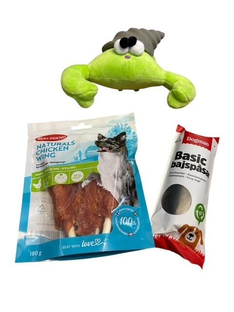 Hyggepakke til Hund - VÆRDI KR. 93,-  Best Friend Naturals Kyllingevinger, 1 stk. x 180 g + pivdyr + 50 stk. Høm Høm poser
