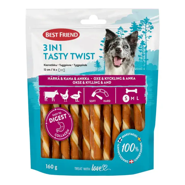 Best Friend 3in1 Tasty Twist tyggepinde 12 cm 16 stk, 160 g