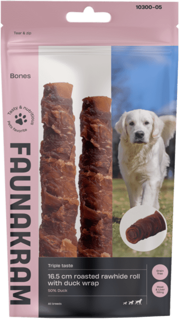 Faunakram 16,5 cm -  Roasted meat-filled rawhide roll w. duck wrap 170 g
