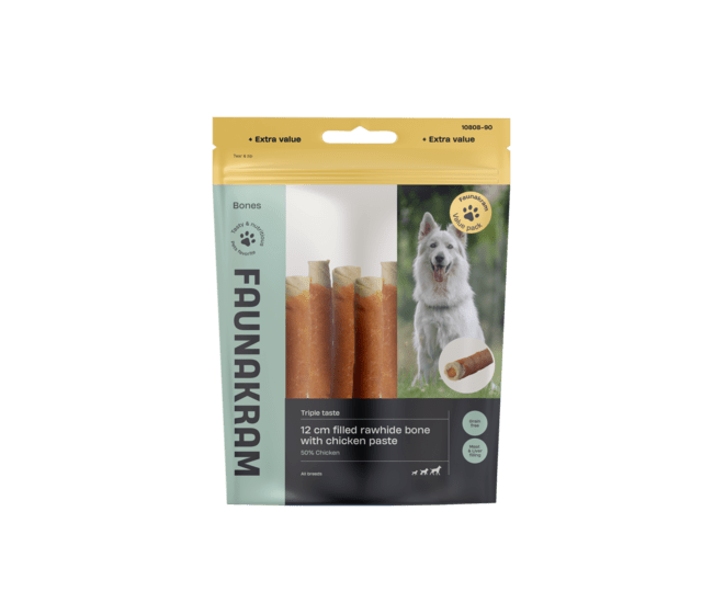 Faunakram Filled white rawhide roll w. chicken paste, 12 cm (300g)