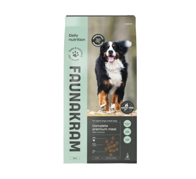 FRAGTSKADE - Faunakram Pre- & Probiotics Adult LARGE BREED Chicken Grain Free, 12 kg - FRAGTSKADET SÆK, INDHOLD HELT OK