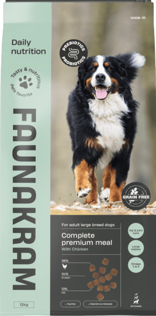 FRAGTSKADE - Faunakram Pre- & Probiotics Adult LARGE BREED Chicken Grain Free, 12 kg - FRAGTSKADET SÆK, INDHOLD HELT OK