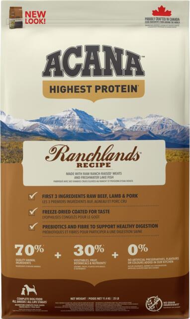 FRAGTSKADE - 11,4 kg Acana Ranchland Recipe Highest Protein - FRAGTSKADET SÆK, INDHOLD OK