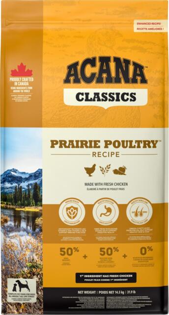 FRAGTSKADE - 14.5 kg ACANA Classics Prairie Poultry Recipe - BEMÆRK: FRAGTSKADET SÆK, MEN INDHOLD OK