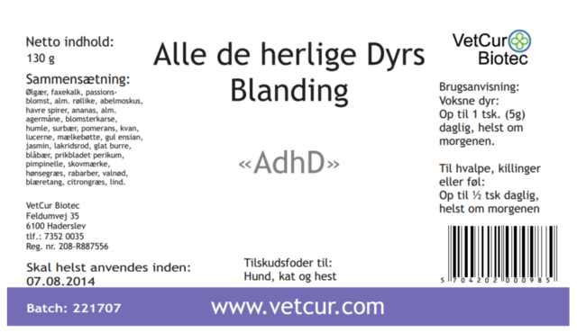 AdhD pulver - ALLE DE HERLIGE DYRS BLANDING 130 g  til hest, hund og kat, 130 g