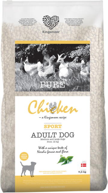 11,5 kg Kingsmoor Pure Chicken Sport Dog - mellem og store racer - Fragtfri levering - Godbidder medfølger