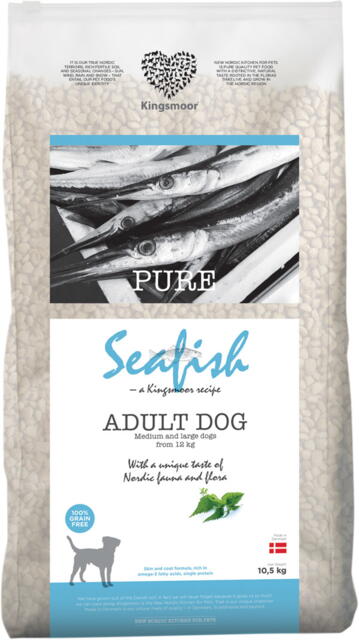 10,5 kg Kingsmoor Pure Seafish Dog - mellem og store racer - Fragtfri levering - Godbidder medfølger