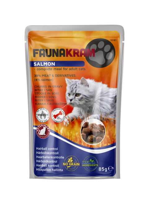 Faunakram Hairball control w. salmon wet cat grain free 85 g - Hårboldkontrol