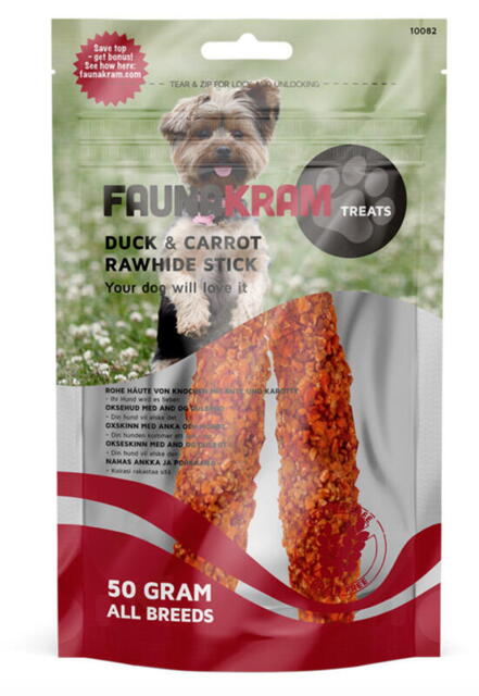 Faunakram, 50 g Dog Snack Rawhide Stick med and og gulerod