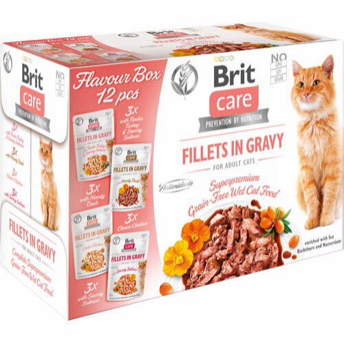 Brit Care Cat Pouches Fillets in Gravy Flavour Box, 12 x 85 g - 4 forskellige varianter