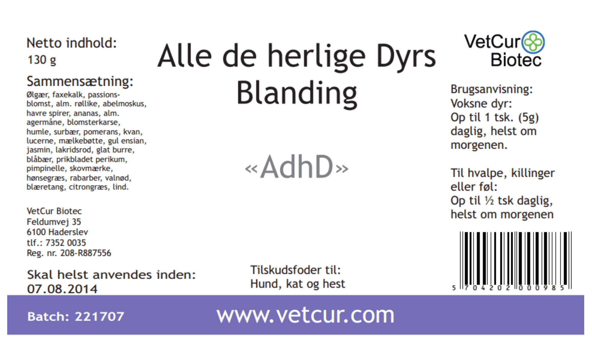 AdhD pulver ALLE DE HERLIGE BLANDING 130 g til hest, hund og 130 g - dyrelageret.dk