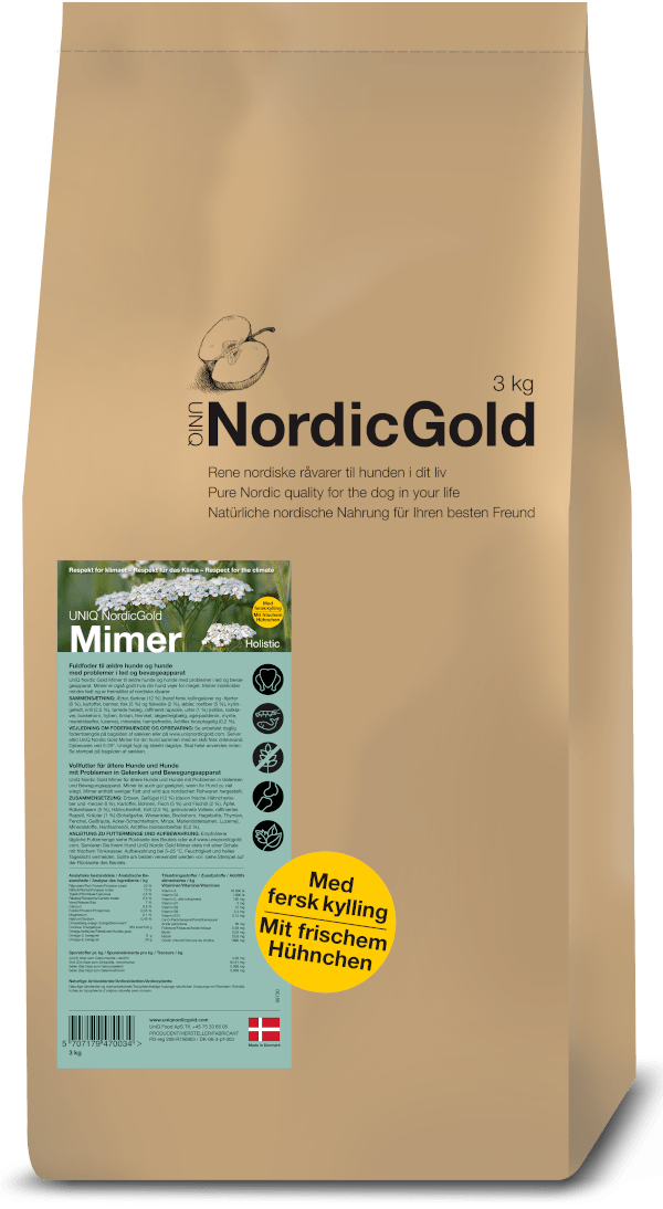 Nordic Gold Mimer - til den ældre hund - ikke tilsat korn 10 KG - Fragtfri levering - Godbidder medfølger