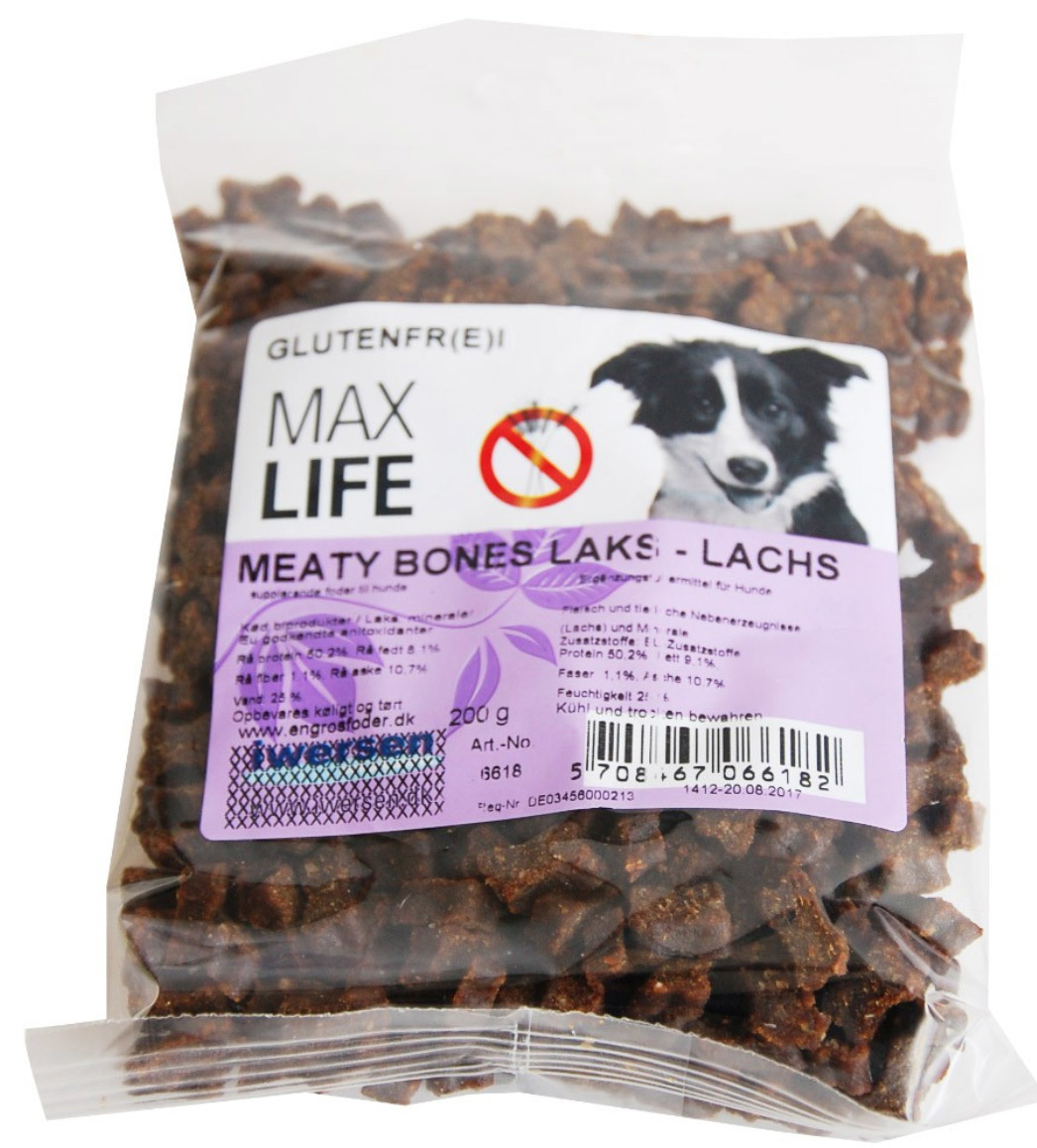 glutenfrie bløde godbidder med LAKS - Max Life Meaty Bones Laks - 200 gram thumbnail