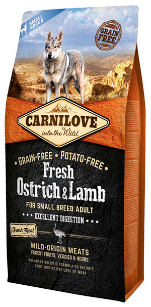 Carnilove Fresh Ostrich + Lamb, SMALL BREED m. frisk kød, 6 kg thumbnail