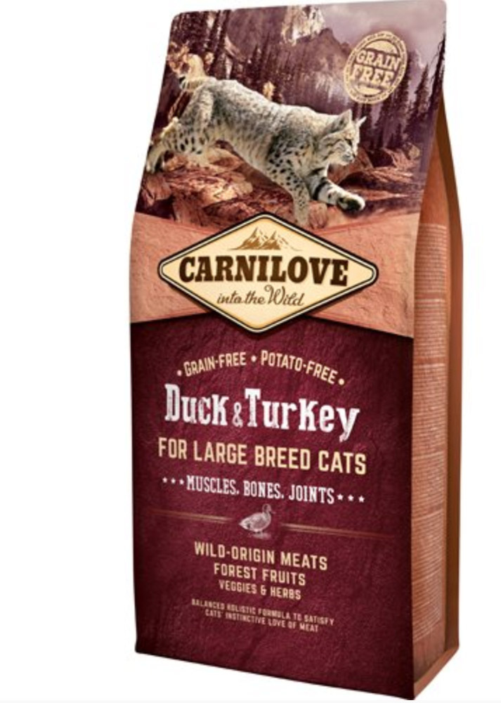 Carnilove Large Breed Cat. Duck & Turkey - muscles, bone - korn og kartoffelfri - 6 kg thumbnail