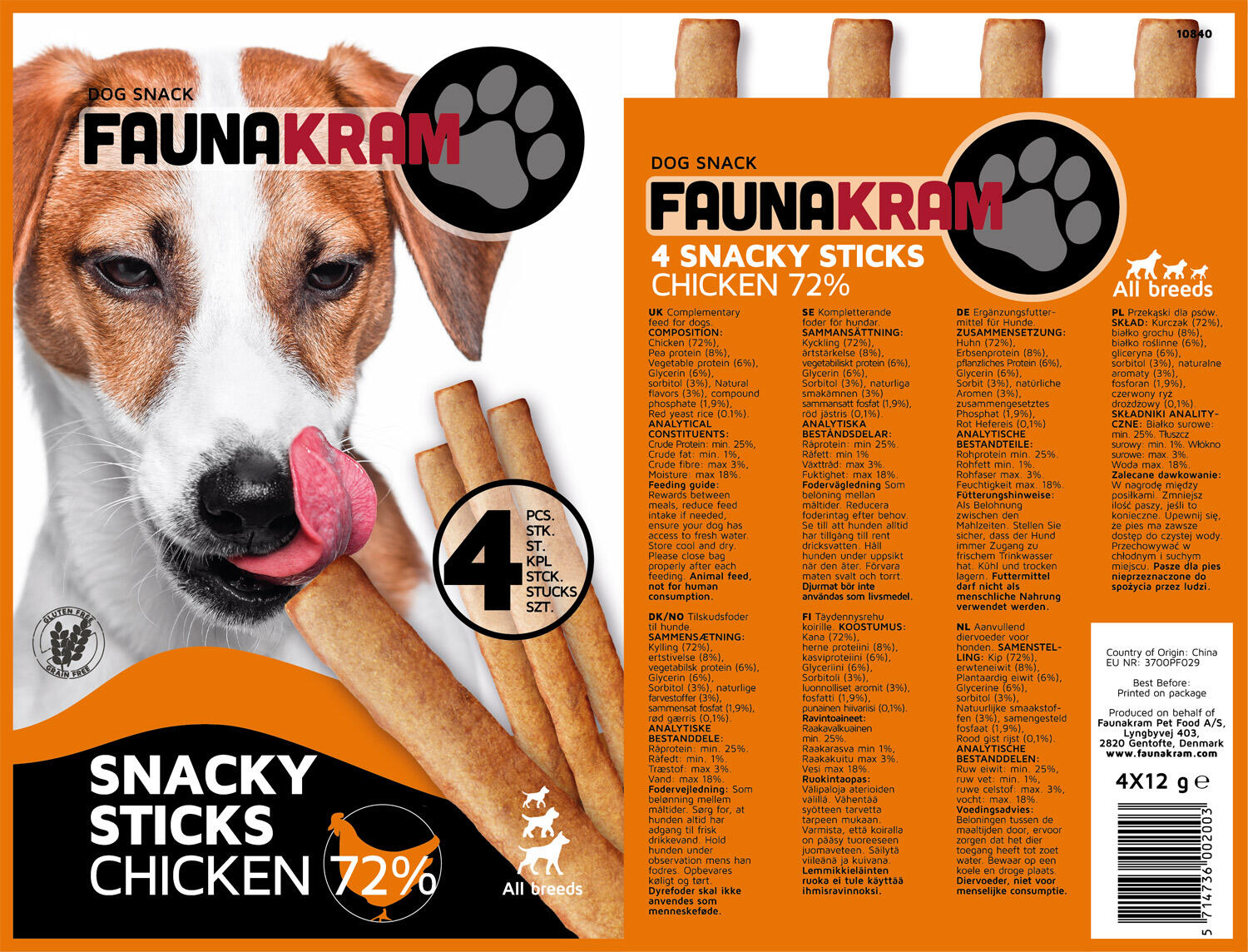 Faunakram 4 x 12 g - Hunde Stick 72% kylling. Kornfri thumbnail